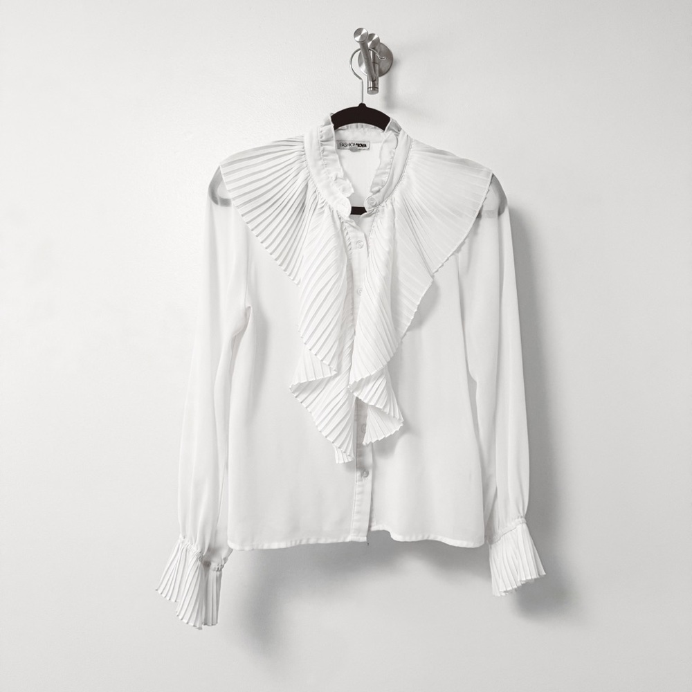 Fashion Nova Sheer Spring Button Down Pleated Ruffle Preppy Blouse White Medium